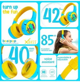 Nu Republic Beatpop Kids Wireless Headphones, 85dB Safe Volume, 42H Playtime, Bluetooth 5.0, 40mm Drivers, ENC, X-Bass, Type-C Fast Charging, Foldable, 3–12 Years (Blue & Yellow)