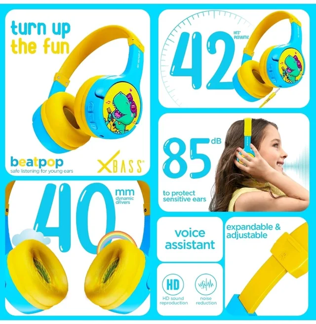 Nu Republic Beatpop Kids Wireless Headphones, 85dB Safe Volume, 42H Playtime, Bluetooth 5.0, 40mm Drivers, ENC, X-Bass, Type-C Fast Charging, Foldable, 3–12 Years (Blue & Yellow)