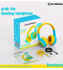 Nu Republic Beatpop Kids Wireless Headphones, 85dB Safe Volume, 42H Playtime, Bluetooth 5.0, 40mm Drivers, ENC, X-Bass, Type-C Fast Charging, Foldable, 3–12 Years (Blue & Yellow)