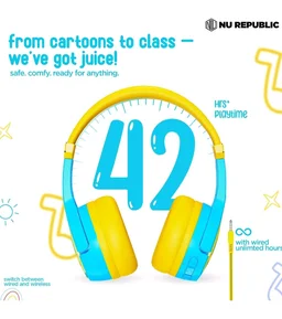 Nu Republic Beatpop Kids Wireless Headphones, 85dB Safe Volume, 42H Playtime, Bluetooth 5.0, 40mm Drivers, ENC, X-Bass, Type-C Fast Charging, Foldable, 3–12 Years (Blue & Yellow)