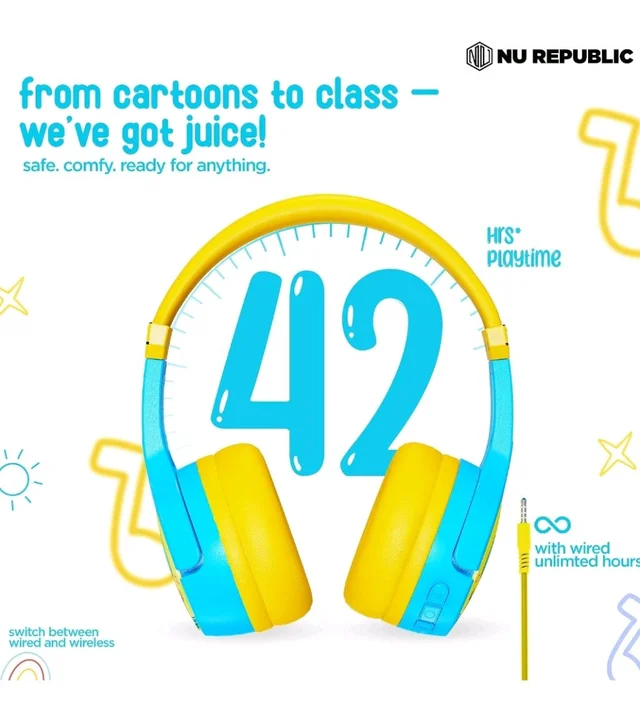 Nu Republic Beatpop Kids Wireless Headphones, 85dB Safe Volume, 42H Playtime, Bluetooth 5.0, 40mm Drivers, ENC, X-Bass, Type-C Fast Charging, Foldable, 3–12 Years (Blue & Yellow)