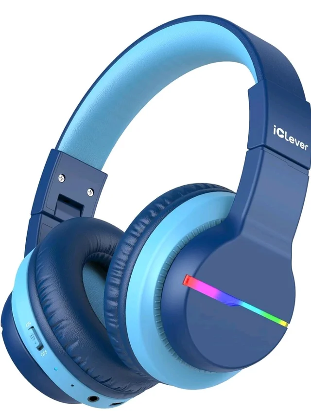 iClever BTH12 Kids Bluetooth Headphones,Colorful LED Lights Kids Headphones Wireless,74/85dBA Safe Volume,85H Playtime,Fast Charging,Bluetooth 5.2,Over Ear,Built-in Mic for iPad/Tablet/Airplane,Blu