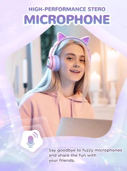 iClever BTH13 Bluetooth Kids Headphones with Mic, Over Ear Headphone Wireless Cat Ear Headphone for Girls Birthday Gift Safe Volume Limited, 45H Playtime, Portable Headset for iPad, Purple