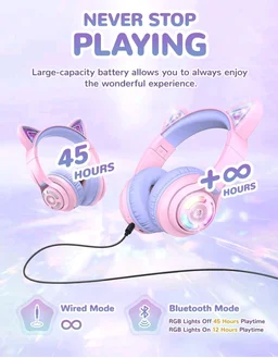 iClever BTH13 Bluetooth Kids Headphones with Mic, Over Ear Headphone Wireless Cat Ear Headphone for Girls Birthday Gift Safe Volume Limited, 45H Playtime, Portable Headset for iPad, Purple