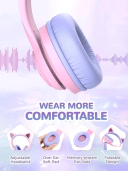 iClever BTH13 Bluetooth Kids Headphones with Mic, Over Ear Headphone Wireless Cat Ear Headphone for Girls Birthday Gift Safe Volume Limited, 45H Playtime, Portable Headset for iPad, Purple
