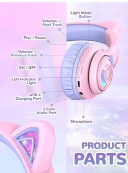 iClever BTH13 Bluetooth Kids Headphones with Mic, Over Ear Headphone Wireless Cat Ear Headphone for Girls Birthday Gift Safe Volume Limited, 45H Playtime, Portable Headset for iPad, Purple