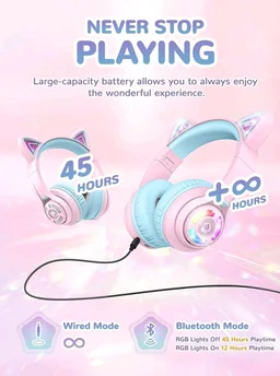 iClever BTH13 Bluetooth Kids Headphones with Mic, Over Ear Headphone Wireless Cat Ear Headphones for Girls Birthday Gift Safe Volume Limited, 45H Playtime Portable Headset for Tablet/PC, Pink