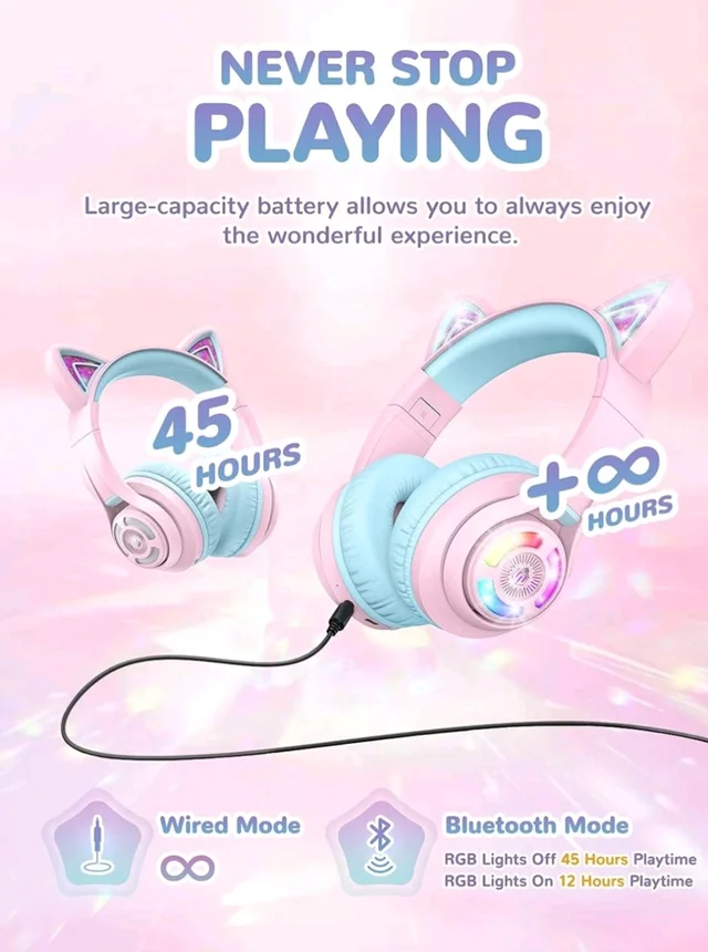 iClever BTH13 Bluetooth Kids Headphones with Mic, Over Ear Headphone Wireless Cat Ear Headphones for Girls Birthday Gift Safe Volume Limited, 45H Playtime Portable Headset for Tablet/PC, Pink