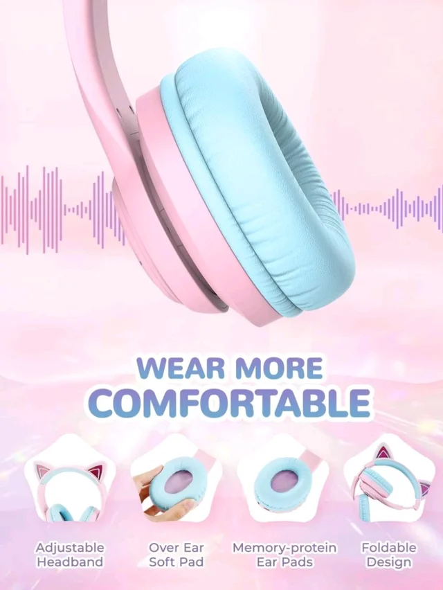 iClever BTH13 Bluetooth Kids Headphones with Mic, Over Ear Headphone Wireless Cat Ear Headphones for Girls Birthday Gift Safe Volume Limited, 45H Playtime Portable Headset for Tablet/PC, Pink