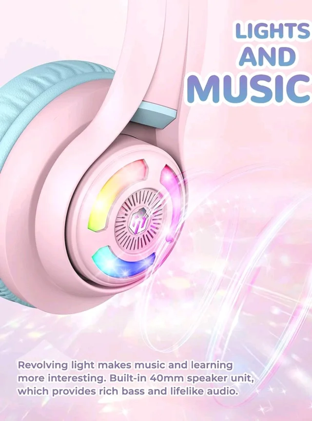 iClever BTH13 Bluetooth Kids Headphones with Mic, Over Ear Headphone Wireless Cat Ear Headphones for Girls Birthday Gift Safe Volume Limited, 45H Playtime Portable Headset for Tablet/PC, Pink