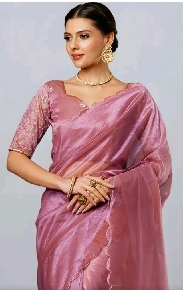 SIRIL Women's Shimmer Net Embroidery And Scalloped Border Saree With Unstitched Half Sleeve Blouse Piece