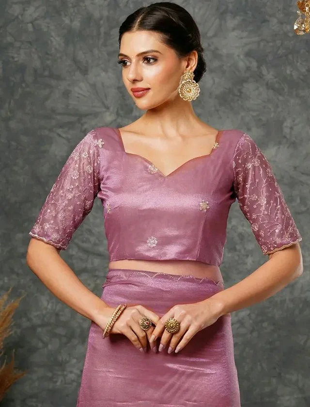 SIRIL Women's Shimmer Net Embroidery And Scalloped Border Saree With Unstitched Half Sleeve Blouse Piece
