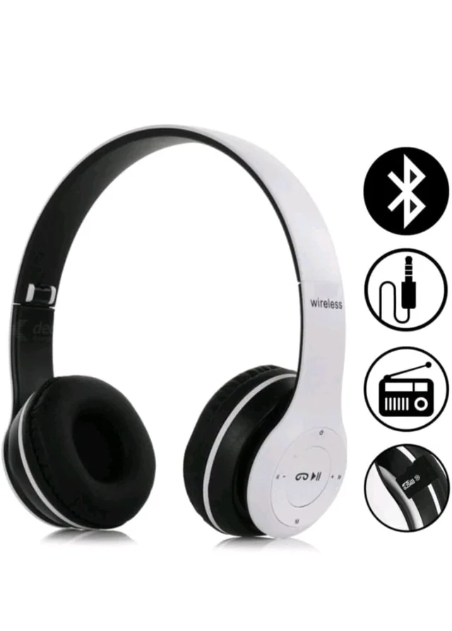 JPGC Wireless Bluetooth Headphones, P47 Over-Ear Headset with Extra Bass, Foldable Design, Soft Memory Protein Earmuff, Bluetooth 5.0, FM Radio, SD Card Support, AUX Input, Black (White)