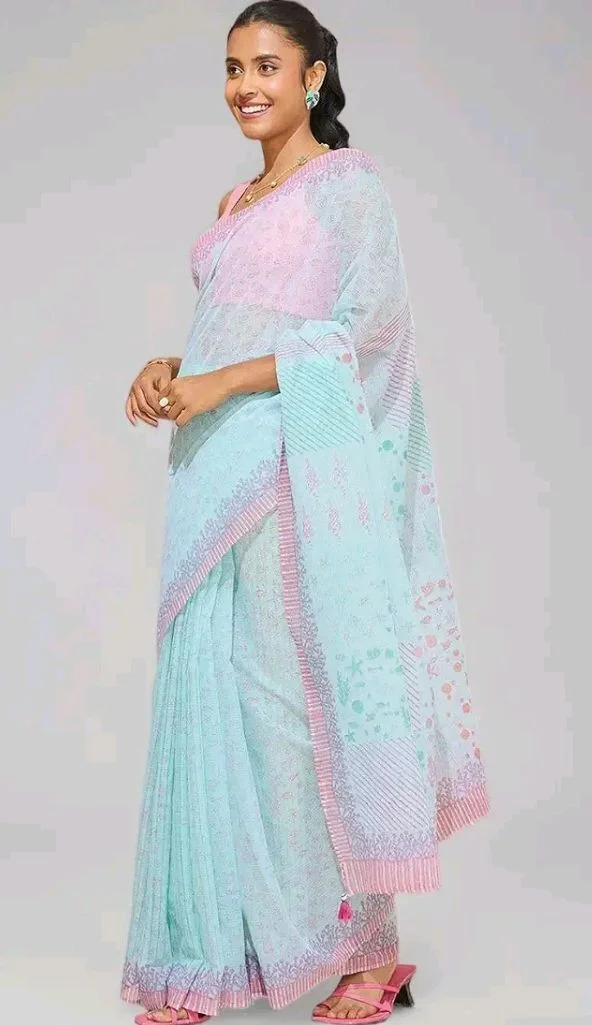 Taneira Women Light Blue Bengal Block Print Pure Cotton Kota Saree with Unsttitched Blouse Piece (SAIP01AB3766-Light Blue)