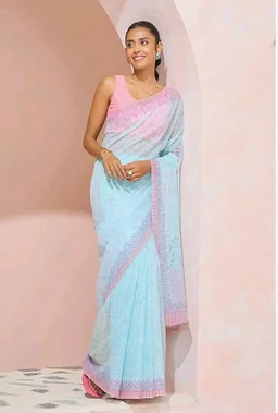 Taneira Women Light Blue Bengal Block Print Pure Cotton Kota Saree with Unsttitched Blouse Piece (SAIP01AB3766-Light Blue)