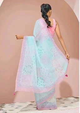Taneira Women Light Blue Bengal Block Print Pure Cotton Kota Saree with Unsttitched Blouse Piece (SAIP01AB3766-Light Blue)