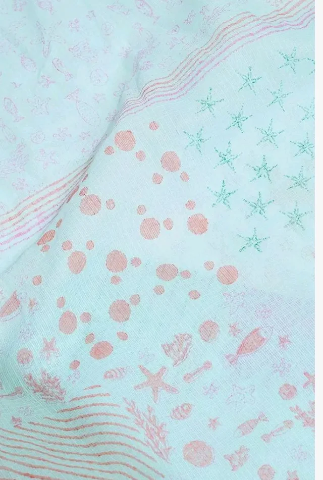 Taneira Women Light Blue Bengal Block Print Pure Cotton Kota Saree with Unsttitched Blouse Piece (SAIP01AB3766-Light Blue)