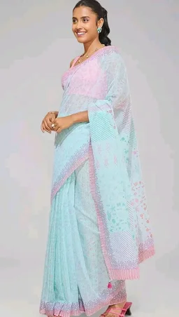 Taneira Women Light Blue Bengal Block Print Pure Cotton Kota Saree with Unsttitched Blouse Piece (SAIP01AB3766-Light Blue)