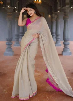 SIRIL Women's Shimmer Net Lace Border Dual Tone Saree with Unstitched Blouse Piece