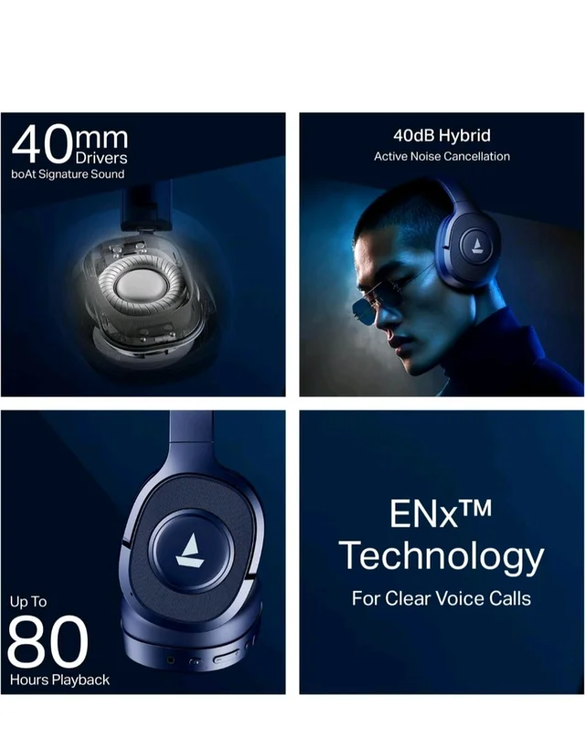 boAt Rockerz Plus 550 ANC, (~40dB) Hybrid ANC, 80Hrs Playback, 40ms Low Latency Beast Mode, 40mm Drivers, BT v5.4, Bluetooth Headphones, Wireless Headphone with Mic (Bold Blue)