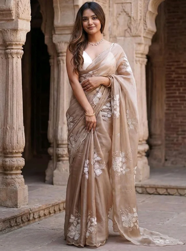 AKHILAM Women's Shimmer Pure Georgette Embroidered Ready To Wear one Minute Saree With Unstitched Blouse Piece