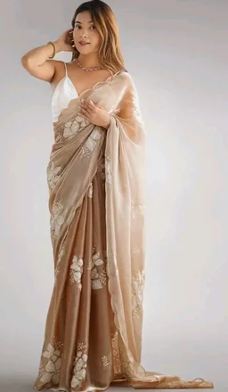 AKHILAM Women's Shimmer Pure Georgette Embroidered Ready To Wear one Minute Saree With Unstitched Blouse Piece