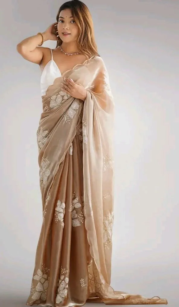 AKHILAM Women's Shimmer Pure Georgette Embroidered Ready To Wear one Minute Saree With Unstitched Blouse Piece