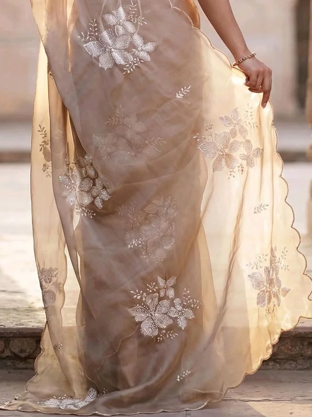 AKHILAM Women's Shimmer Pure Georgette Embroidered Ready To Wear one Minute Saree With Unstitched Blouse Piece