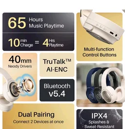 pTron Studio Pro w/ 65Hrs Playtime, Wireless Over Ear Headphones with HD Mic, Dual Device Pairing, TruTalk AI-ENC Calls, Low-Latency Game & Music, 40mm Drivers, BT5.4, Type-C Fast Charging (Cream)
1K+ bought in past month