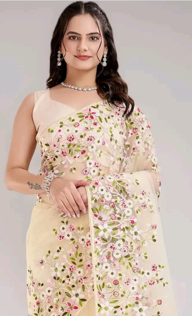 Ekasya Women Net Pink Floral Pattern Embroidery Work Saree with Unstitched Blouse (E6287_5) - Elegant Design, Intricate Floral Embroidery, Lightweight, Perfect for Weddings, Parties