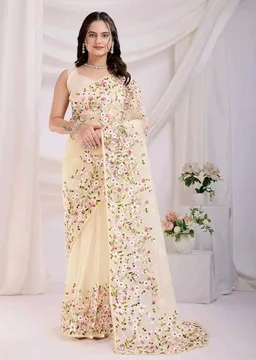 Ekasya Women Net Pink Floral Pattern Embroidery Work Saree with Unstitched Blouse (E6287_5) - Elegant Design, Intricate Floral Embroidery, Lightweight, Perfect for Weddings, Parties