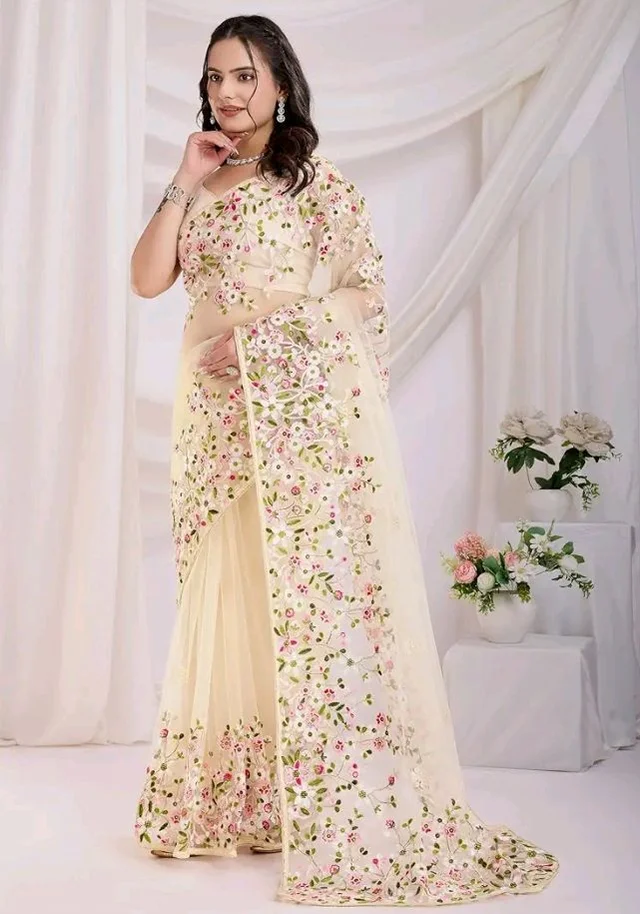 Ekasya Women Net Pink Floral Pattern Embroidery Work Saree with Unstitched Blouse (E6287_5) - Elegant Design, Intricate Floral Embroidery, Lightweight, Perfect for Weddings, Parties