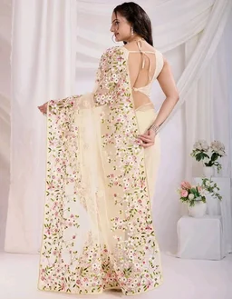 Ekasya Women Net Pink Floral Pattern Embroidery Work Saree with Unstitched Blouse (E6287_5) - Elegant Design, Intricate Floral Embroidery, Lightweight, Perfect for Weddings, Parties