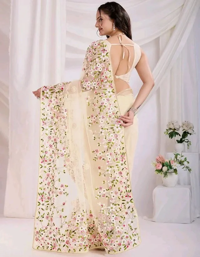 Ekasya Women Net Pink Floral Pattern Embroidery Work Saree with Unstitched Blouse (E6287_5) - Elegant Design, Intricate Floral Embroidery, Lightweight, Perfect for Weddings, Parties