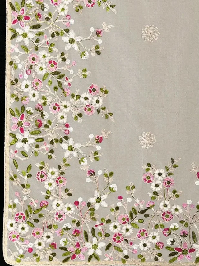Ekasya Women Net Pink Floral Pattern Embroidery Work Saree with Unstitched Blouse (E6287_5) - Elegant Design, Intricate Floral Embroidery, Lightweight, Perfect for Weddings, Parties