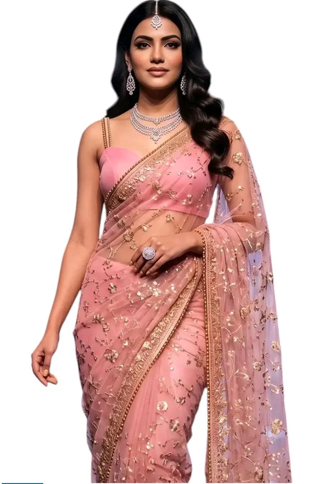 NIRLABH"Women’s Pink Soft Net Saree with Heavy Embroidered Lace Border & Sequins Work | Designer Ethnic Saree with Blouse Piece