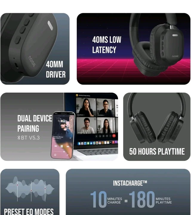Noise Newly Launched Airwave Max 2 Wireless On-Ear Headphones with 50H Playtime, 40mm Drivers - Deep Bass, 3 Preset EQ Modes, 40m/s Low Latency, Dual Pairing,BT V5.3 (Bold Black)