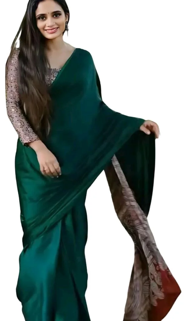 Womens Crepe Silk Ready To Wear Saree Featuring Ajrakh Printed Pallu With Crepe Silk Ajrakh Printed Blouse 5.5 Meter Saree and 0.8 Meter Unstitched Blouse Piece