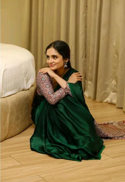 Womens Crepe Silk Ready To Wear Saree Featuring Ajrakh Printed Pallu With Crepe Silk Ajrakh Printed Blouse 5.5 Meter Saree and 0.8 Meter Unstitched Blouse Piece