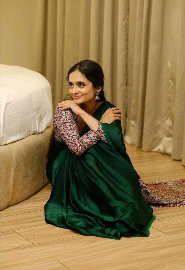 Womens Crepe Silk Ready To Wear Saree Featuring Ajrakh Printed Pallu With Crepe Silk Ajrakh Printed Blouse 5.5 Meter Saree and 0.8 Meter Unstitched Blouse Piece