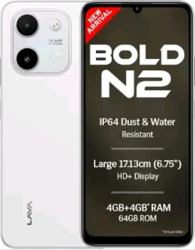 Lava Bold N2 (Siachen White, 4 GB RAM, 64 GB Storage) | 13MP AI Dual Rear Camera | Largest 6.75" HD+ Display | 5000 mAh Battery & 10W Charging | IP64 Water & Dust Proof | Charger & Phone-Case in Box - Siachen White
