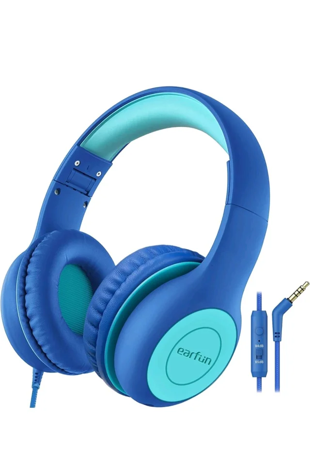 EarFun Kids Headphones with Mic for Boys/Girls, Over Ear HD Wired Headphones for Children, 85/94dB Volume Limiter, Sharing Port, Foldable On Ear Headsets for School/Pad/PC/Travel, Blue