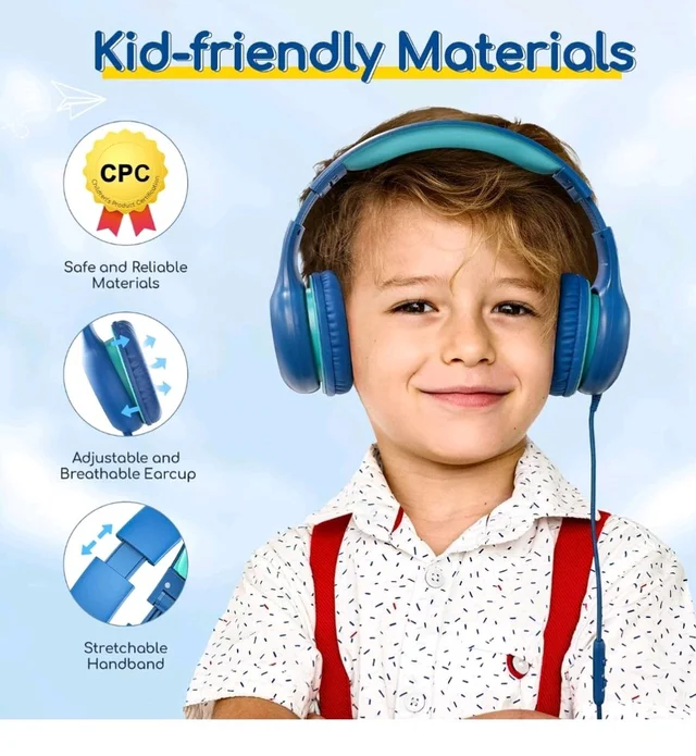 EarFun Kids Headphones with Mic for Boys/Girls, Over Ear HD Wired Headphones for Children, 85/94dB Volume Limiter, Sharing Port, Foldable On Ear Headsets for School/Pad/PC/Travel, Blue