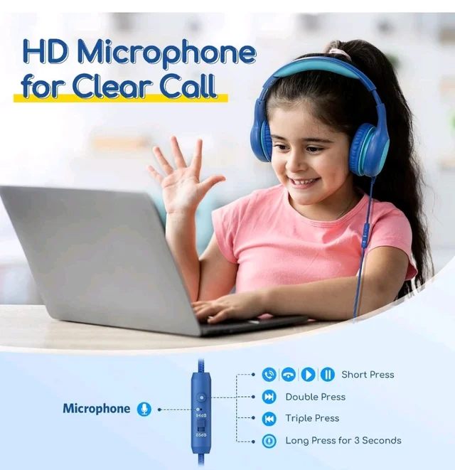 EarFun Kids Headphones with Mic for Boys/Girls, Over Ear HD Wired Headphones for Children, 85/94dB Volume Limiter, Sharing Port, Foldable On Ear Headsets for School/Pad/PC/Travel, Blue