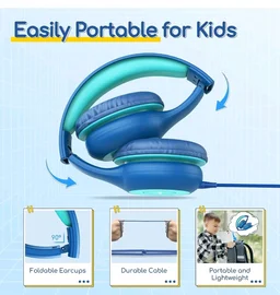 EarFun Kids Headphones with Mic for Boys/Girls, Over Ear HD Wired Headphones for Children, 85/94dB Volume Limiter, Sharing Port, Foldable On Ear Headsets for School/Pad/PC/Travel, Blue
