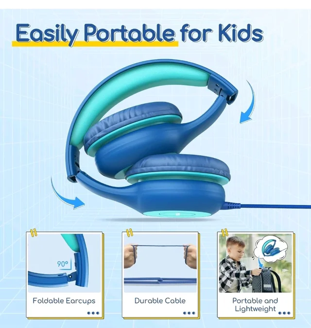 EarFun Kids Headphones with Mic for Boys/Girls, Over Ear HD Wired Headphones for Children, 85/94dB Volume Limiter, Sharing Port, Foldable On Ear Headsets for School/Pad/PC/Travel, Blue