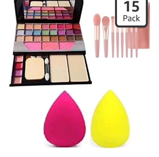 Professional Makeup Kit eyeshadow Palette, Brushes, Beauty Sponges, Pink and Yellow