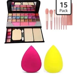 Professional Makeup Kit eyeshadow Palette, Brushes, Beauty Sponges, Pink and Yellow