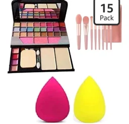 Professional Makeup Kit eyeshadow Palette, Brushes, Beauty Sponges, Pink and Yellow