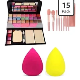 Professional Makeup Kit eyeshadow Palette, Brushes, Beauty Sponges, Pink and Yellow